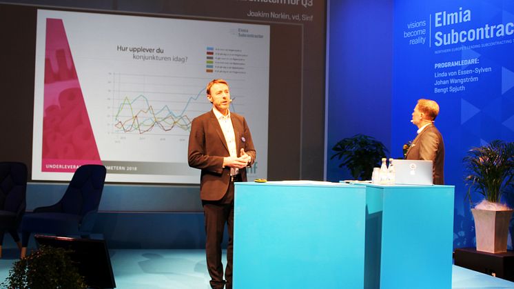 Joakim Norlén presenterar Underleverantörsbarometern på Elmia Subcontractor