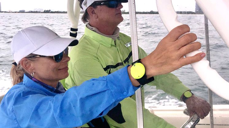 Angler George Poveromo wears an ACR OLAS Tag while onboard, part of the ACR OLAS Guardian system