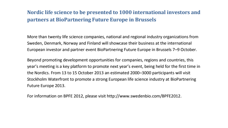 Nordic life science to be presented to 1000 international investors and partners at BioPartnering Future Europe in Brussels