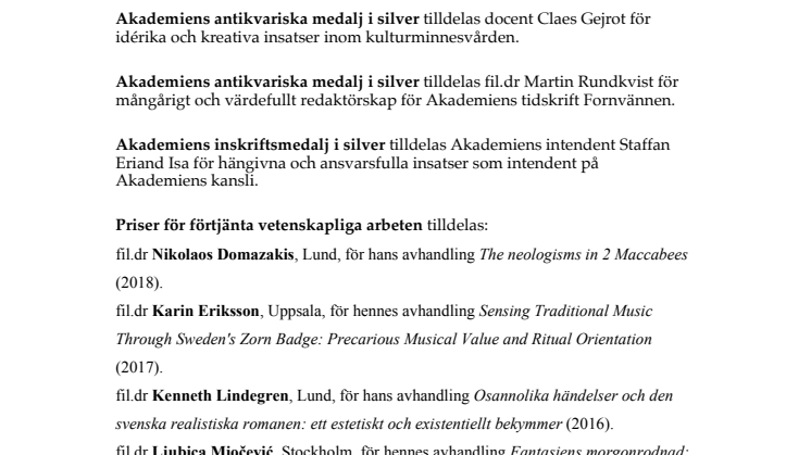 Kungl. Vitterhetsakademiens medaljörer och pristagare 2019