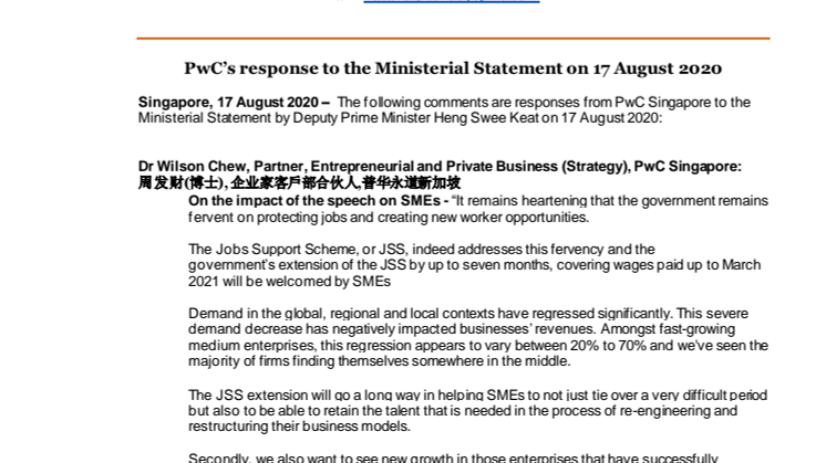 PwC’s response to the Ministerial Statement on 17 August 2020