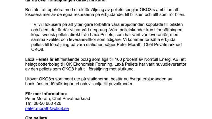 Laxå Pellets tar över direktförsäljning av pellets från OKQ8