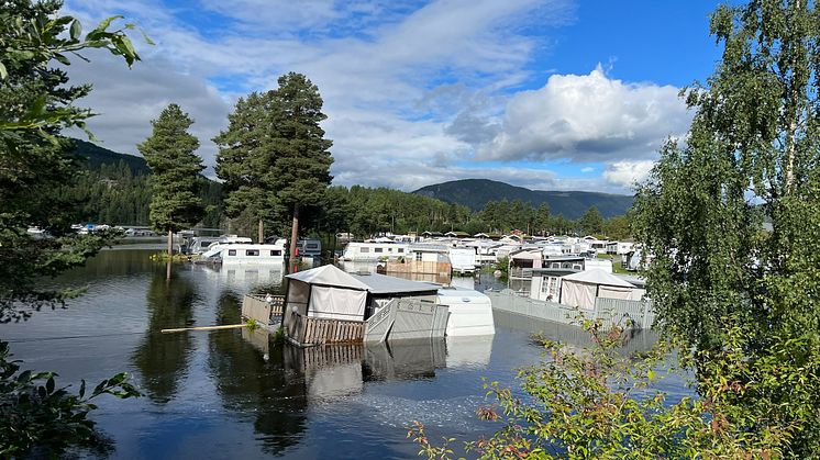 Oversvømt camping-plass i forbindelse med ekstremværet Hans i august 2023.