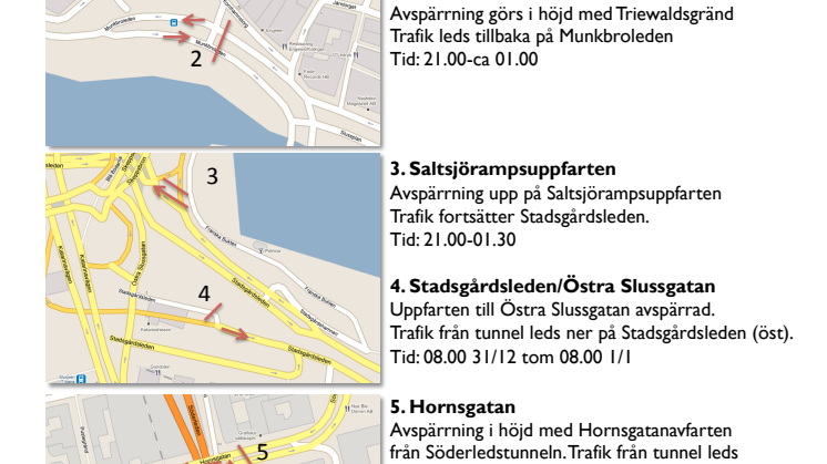Karta över trafikavspärrningar vid Slussen på nyårafton 2010