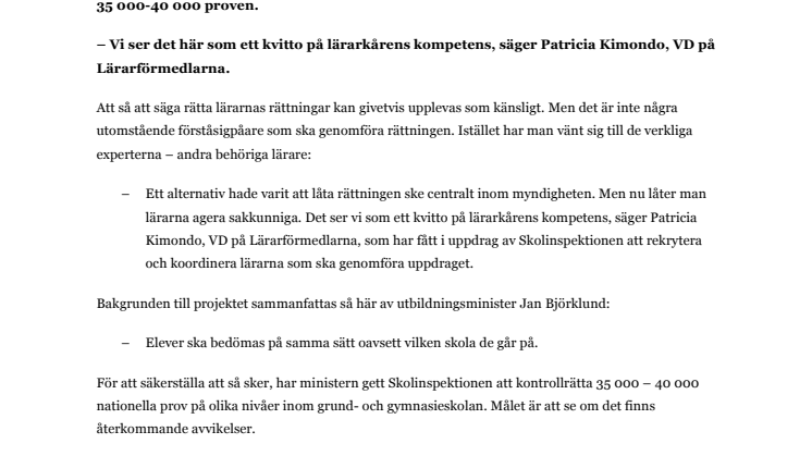 Skolinspektionen väljer Lärarförmedlarna för kontrollrättning 
