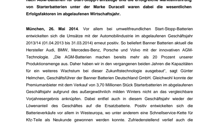 Herausforderndes Geschäftsjahr 2013/14 für Banner Batterien