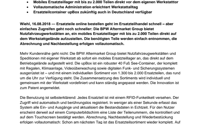 Digital shoppen: BPW Aftermarket Group bietet mit upBox ein intelligentes Ersatzteillager für das Werkstattgelände