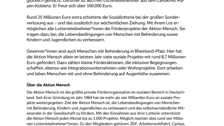 Landkreis Mayen-Koblenz: Glückspilz gewinnt 100.000 Eu-ro bei der Frühjahrs-Sonderverlosung der Aktion Mensch
