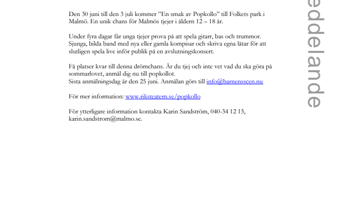 Popkollo i Folkets park 30 juni – 3 juli.