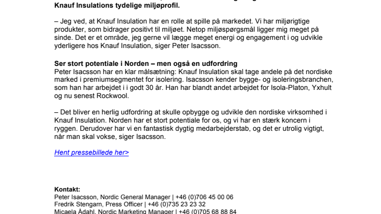 Peter Isacsson ny chef for Knauf Insulation Norden