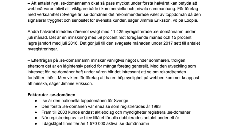 ​Rekordmånga nya .se-domännamn första halvåret