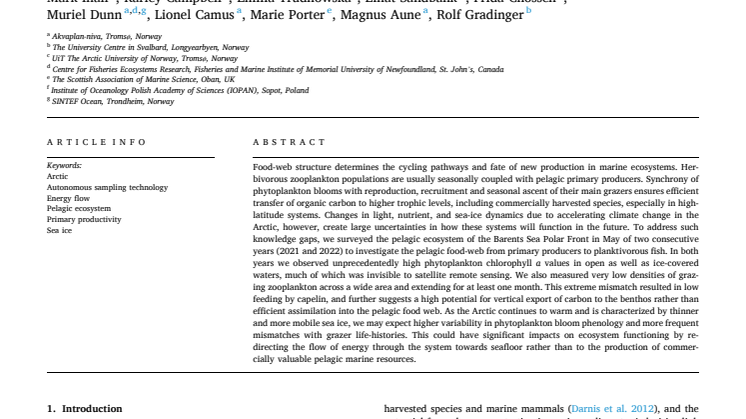 ARTICLE> Extreme mismatch between phytoplankton and grazers during Arctic spring blooms and consequences for the pelagic food-web