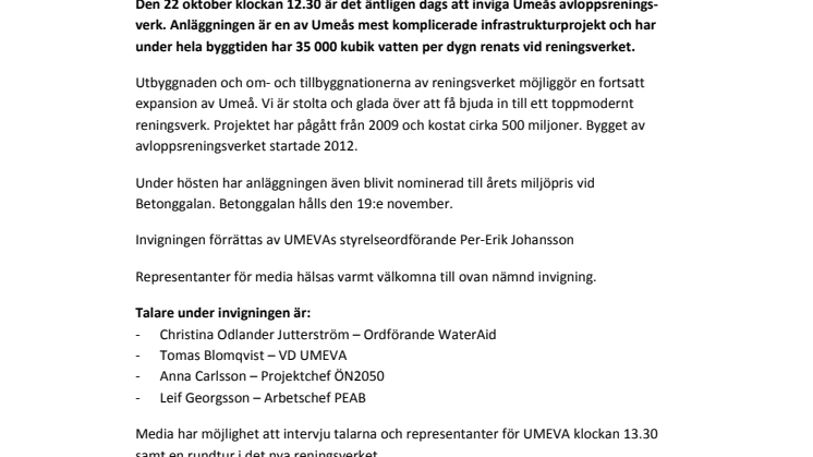 Invigning av Umeås nya avloppsreningsverk