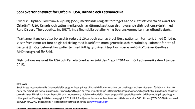 Sobi övertar ansvaret för Orfadin i USA, Kanada och Latinamerika