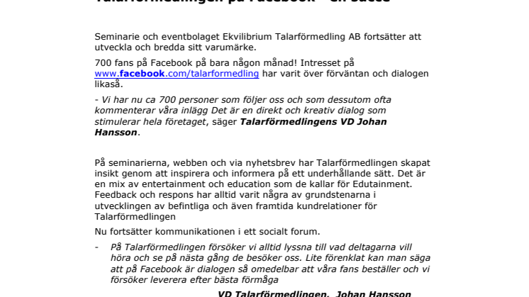 Talarförmedlingen på Facebook - en succé 