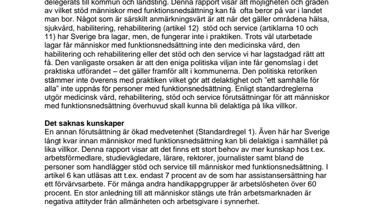 Handikappförbunden sammanfattning på svenska av alternativrapporten angående ESK-rättigheter för människor med funktionsnedsättning