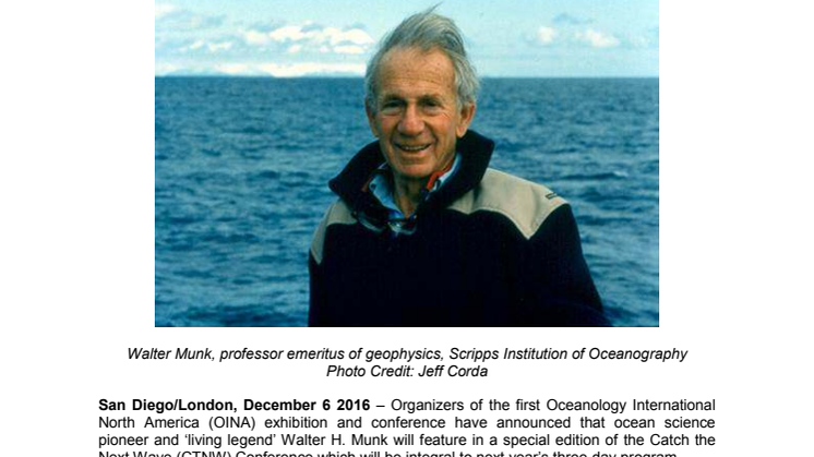 Ocean Science Pioneer Walter Munk to be Honored at Special 2017 Catch the Next Wave Conference
