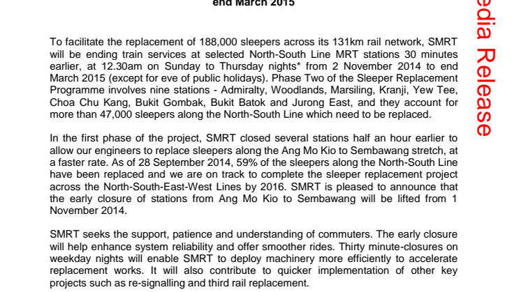 SMRT to Implement Phase 2 of Sleeper Replacement Works on North-South Line between Admiralty and Jurong East Stations from 2 November 2014 to end March 2015