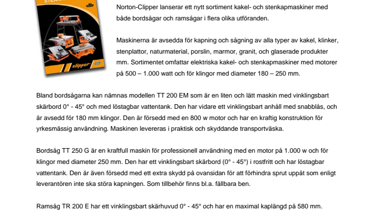 Nytt sortiment kakel- och stenkapmaskiner