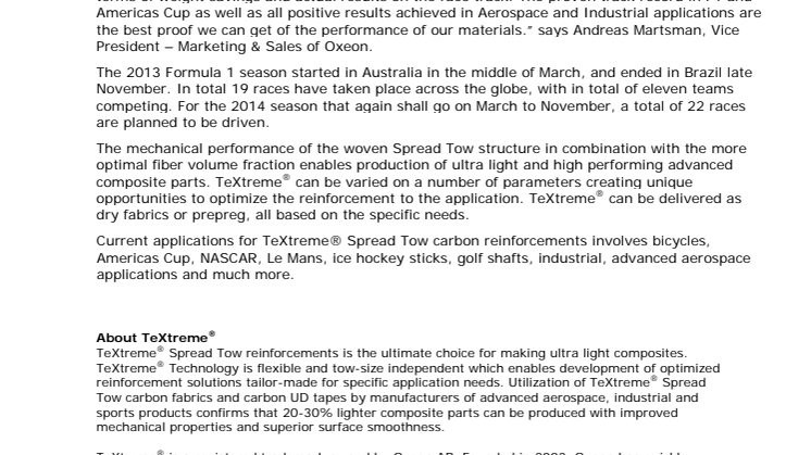 Successful Formula 1 season for teams reinforced by TeXtreme®