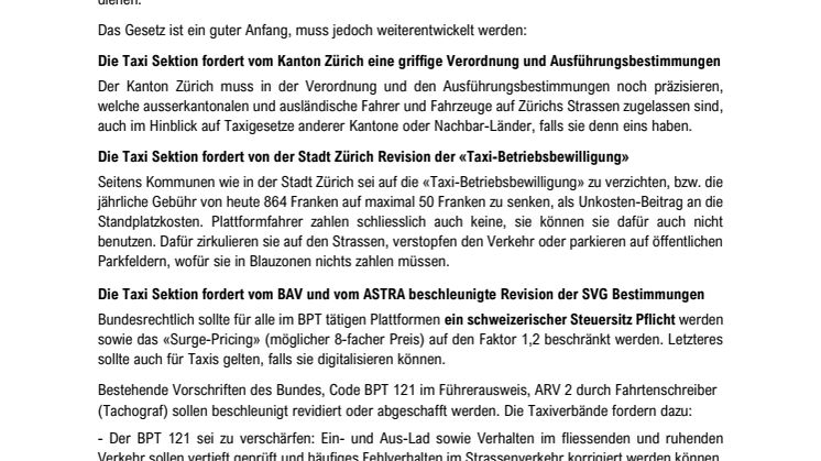 Pressemitteilung der TSZ, Taxi Sektion Zürich zum Taxigesetz PTLG