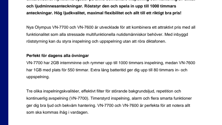 Olympus VN-7700 och VN-7600 för bekvämare minnesanteckningar
