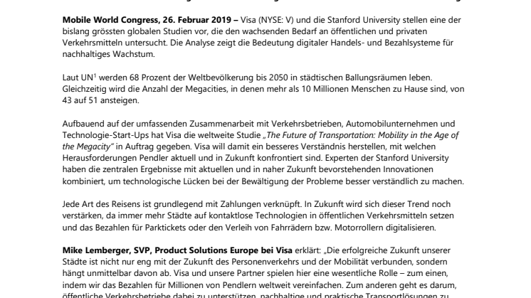 Weltweite Studie von Visa zeigt Erfolgsfaktoren für verbesserten Personenverkehr und smartere Städte