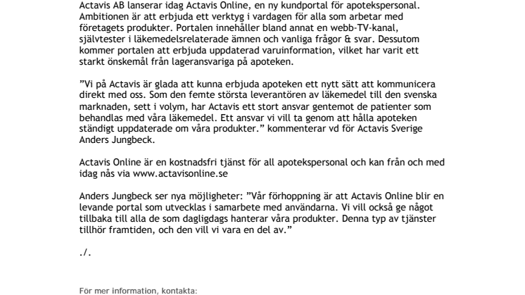 Actavis AB lanserar ny kundportal för apotekspersonal, Actavis Online