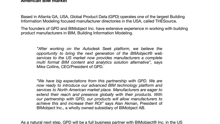 Global Product Data becomes BIMobject® Business Partner for the North American BIM market	