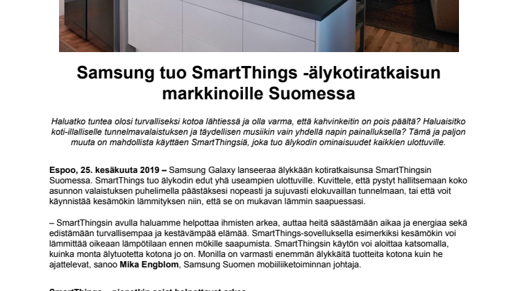 Samsung tuo SmartThings -älykotiratkaisun markkinoille Suomessa