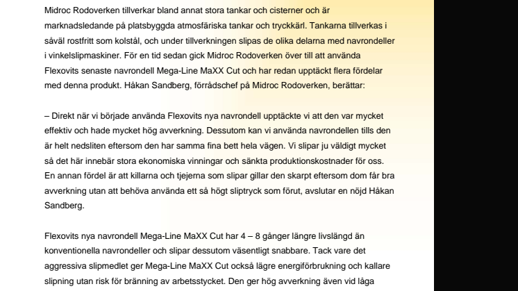 Högre produktivitet och sänkta slipkostnader på Midroc Rodoverken med Flexovits navrondell Mega-Line MaXX Cut