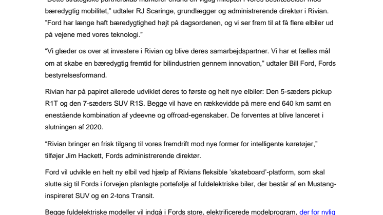 Ford indgår samarbejde med Rivian om udvikling af ny elbil