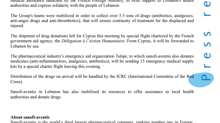 Sanofi-aventis responds to the emergency request for humanitarian aid to Lebanon