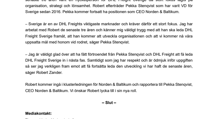 Robert Zander blir ny VD för DHL Freight Sverige