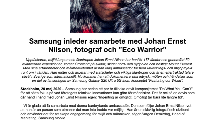 Samsung inleder samarbete med Johan Ernst Nilson, fotograf och ”Eco Warrior”