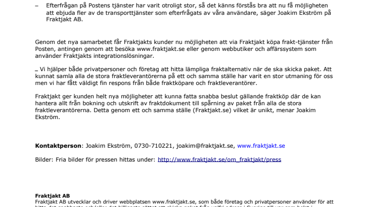 Posten inleder samarbete med Fraktjakt