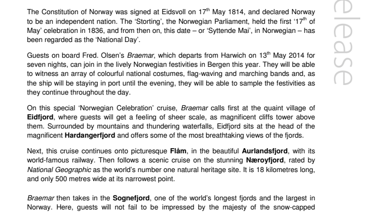 Celebrate Norway’s ‘National Day’ on a Fred. Olsen Cruise Lines’ sailing from Harwich in Spring 2014