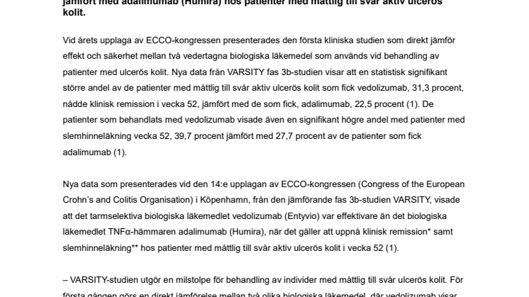 Första head-to-head studien med biologiska läkemedel vid ulcerös kolit presenterades på ECCO-kongressen