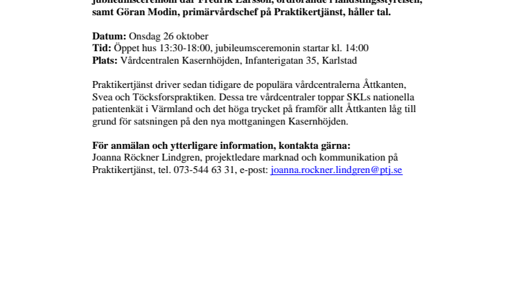 Pressinbjudan – jubileumsceremoni på vårdcentralen Kasernhöjden