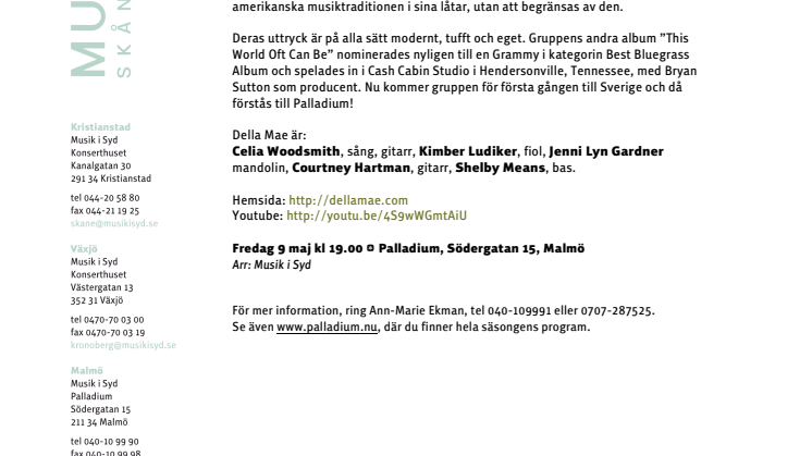 Della Mae – bluegrass & american folk Sverigepremiär på Palladium 9 maj kl 19.00