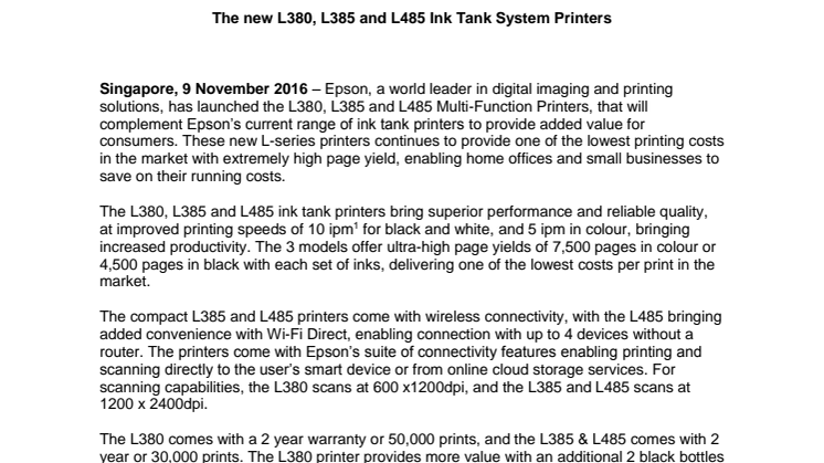 Epson launches new L-series Multi-Function Printers