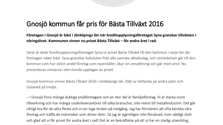 Gnosjö kommun får pris för Bästa Tillväxt 2016