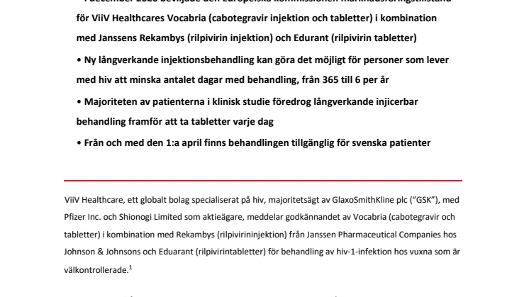 Pressmeddelande - Första långverkande hivbehandlingen nu tillgänglig Sverige