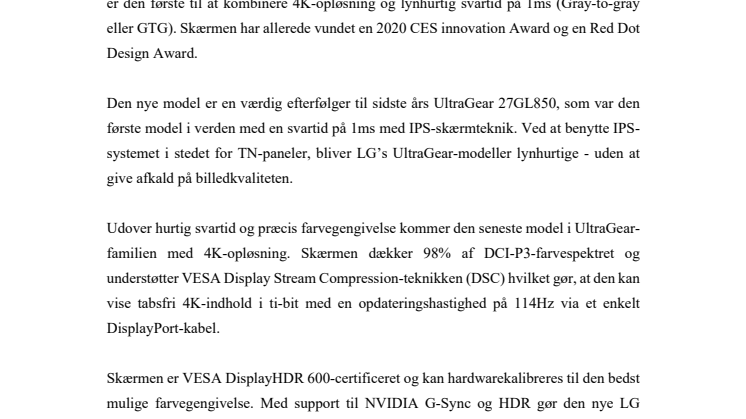 LG lancerer verdens første gaming-skærm med 4K-opløsning og 1ms svartid (GTG)