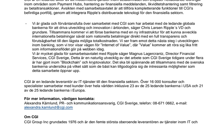Nytt samarbetsavtal med Ripple stärker CGI´s erbjudande inom betallösningar
