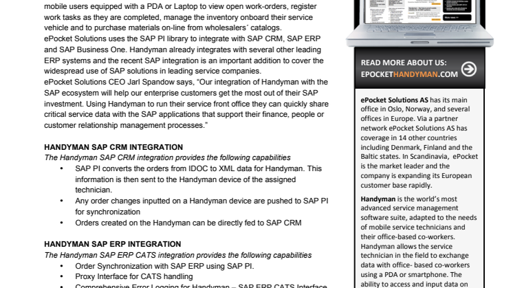 ePocket Handyman snart komplett med sin integration till SAP