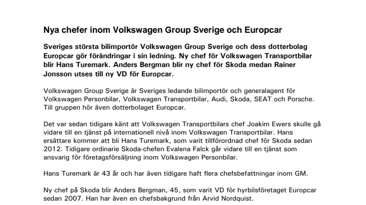 Nya chefer inom Volkswagen Group Sverige och Europcar