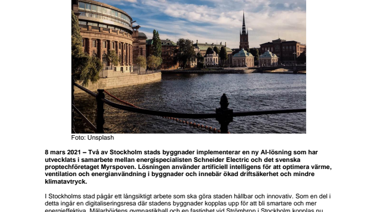 Stockholms stad implementerar ny AI-lösning för energioptimering av byggnader i samarbete med Schneider Electric och Myrspoven