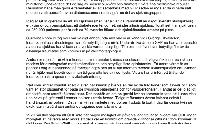 Klargörande information om GHP:s verksamhet i Ajman, Förenade Arabemiraten