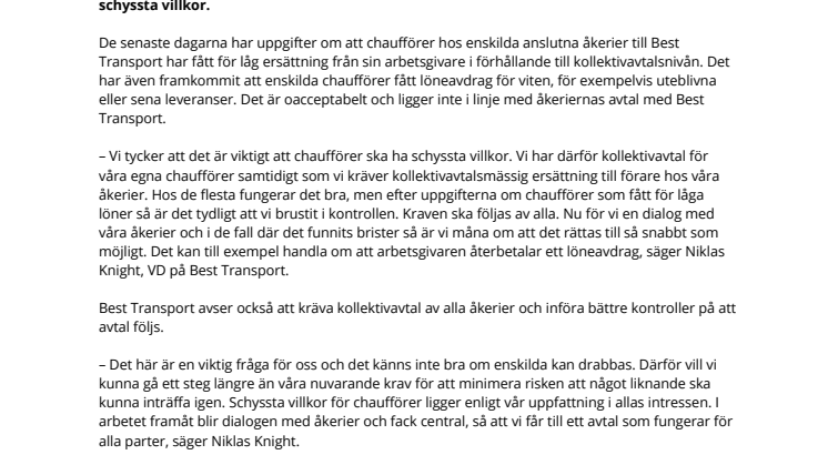 Best Transport vidtar åtgärder efter kritik: Avser att kräva kollektivavtal av åkerier och pausar viten
